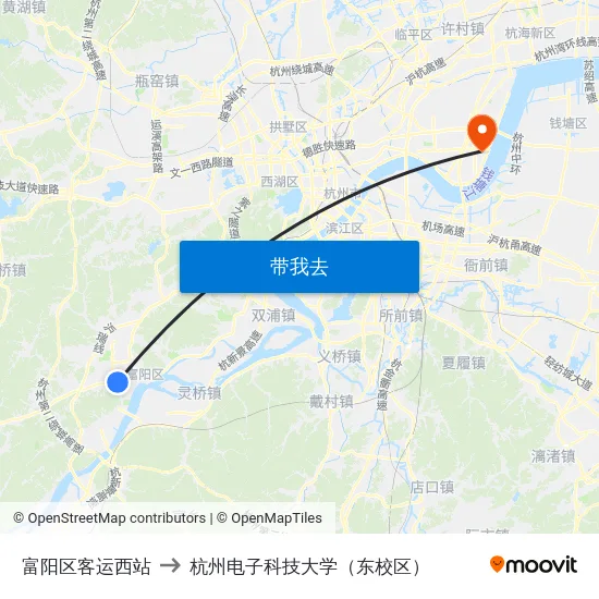 富阳区客运西站 to 杭州电子科技大学（东校区） map