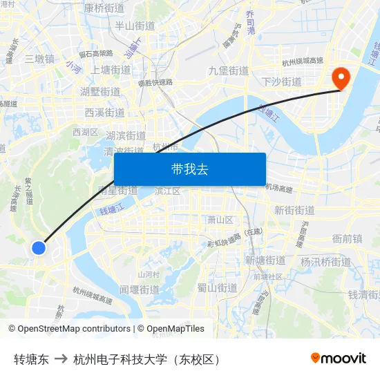 转塘东 to 杭州电子科技大学（东校区） map