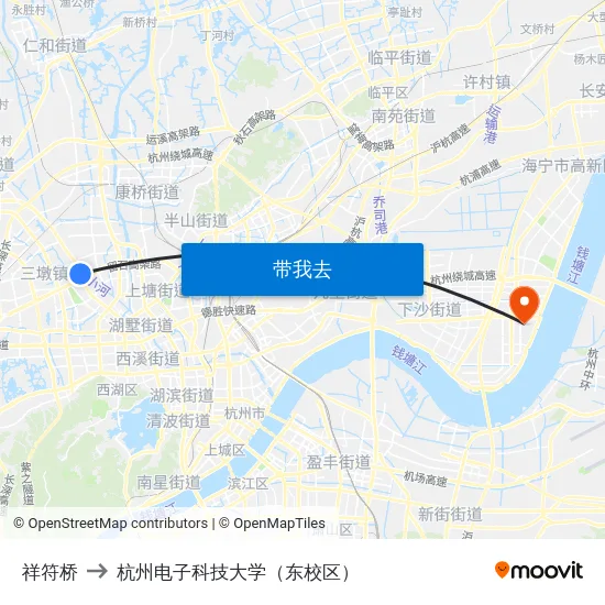 祥符桥 to 杭州电子科技大学（东校区） map