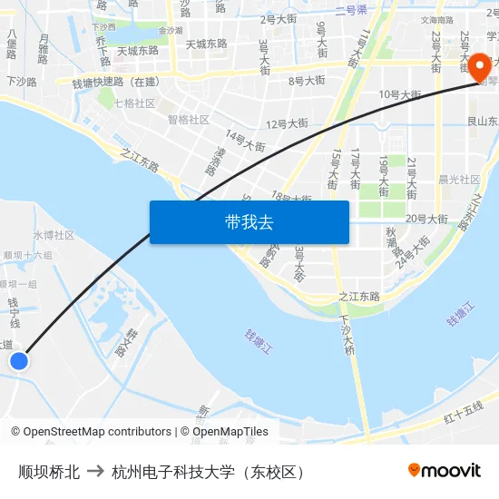 顺坝桥北 to 杭州电子科技大学（东校区） map
