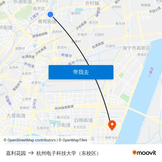嘉利花园 to 杭州电子科技大学（东校区） map