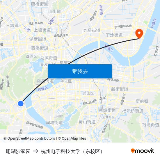 珊瑚沙家园 to 杭州电子科技大学（东校区） map