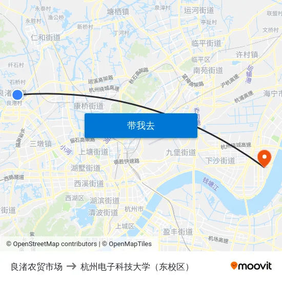 良渚农贸市场 to 杭州电子科技大学（东校区） map