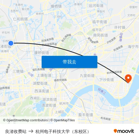 良渚收费站 to 杭州电子科技大学（东校区） map