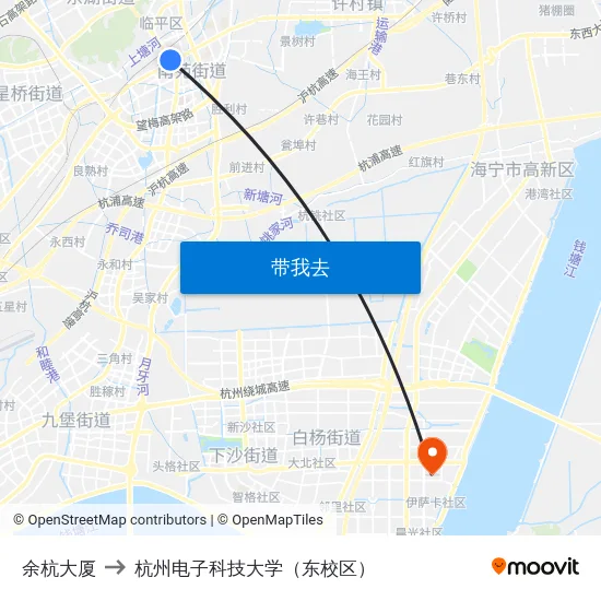 余杭大厦 to 杭州电子科技大学（东校区） map