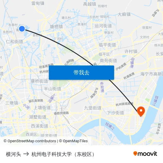 横河头 to 杭州电子科技大学（东校区） map