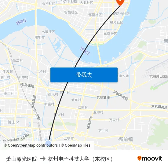 萧山激光医院 to 杭州电子科技大学（东校区） map