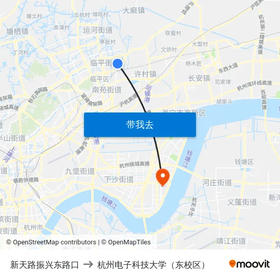 新天路振兴东路口 to 杭州电子科技大学（东校区） map
