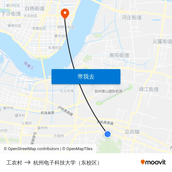 工农村 to 杭州电子科技大学（东校区） map