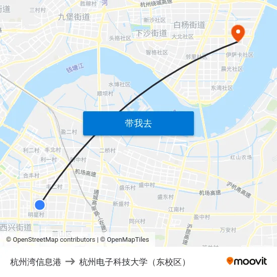 杭州湾信息港 to 杭州电子科技大学（东校区） map