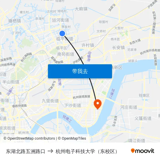 东湖北路五洲路口 to 杭州电子科技大学（东校区） map