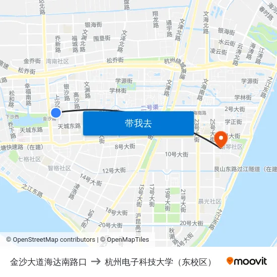 金沙大道海达南路口 to 杭州电子科技大学（东校区） map