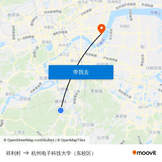 祥利村 to 杭州电子科技大学（东校区） map