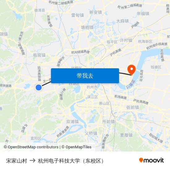 宋家山村 to 杭州电子科技大学（东校区） map
