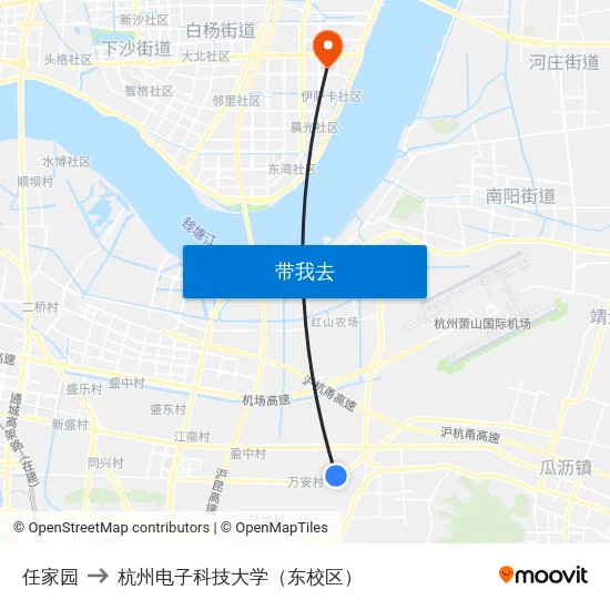 任家园 to 杭州电子科技大学（东校区） map
