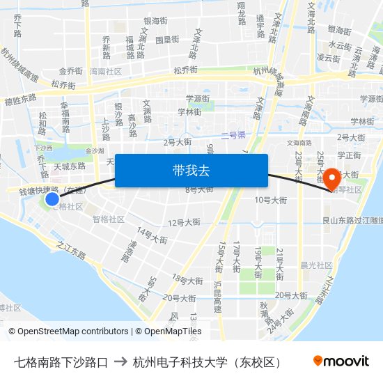 七格南路下沙路口 to 杭州电子科技大学（东校区） map