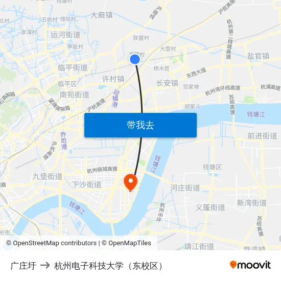 广庄圩 to 杭州电子科技大学（东校区） map