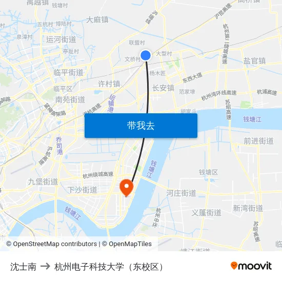 沈士南 to 杭州电子科技大学（东校区） map