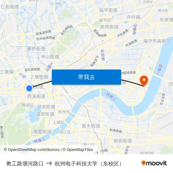 教工路塘河路口 to 杭州电子科技大学（东校区） map
