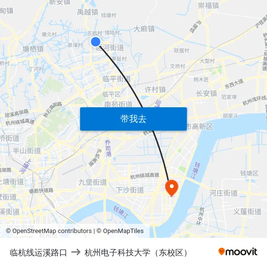 临杭线运溪路口 to 杭州电子科技大学（东校区） map