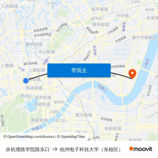 余杭塘路学院路东口 to 杭州电子科技大学（东校区） map