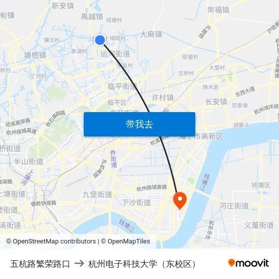 五杭路繁荣路口 to 杭州电子科技大学（东校区） map