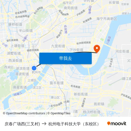 庆春广场西(三叉村) to 杭州电子科技大学（东校区） map