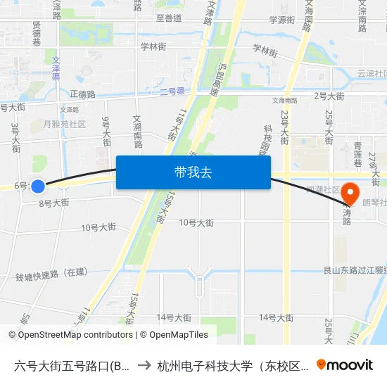六号大街五号路口(Brt) to 杭州电子科技大学（东校区） map