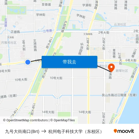 九号大街南口(Brt) to 杭州电子科技大学（东校区） map
