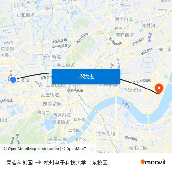 青蓝科创园 to 杭州电子科技大学（东校区） map