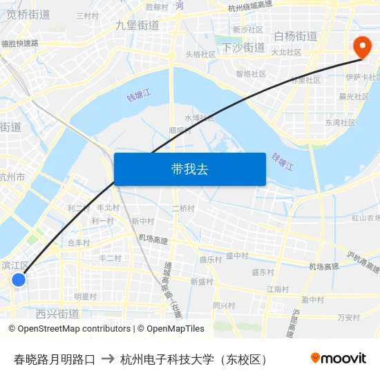 春晓路月明路口 to 杭州电子科技大学（东校区） map