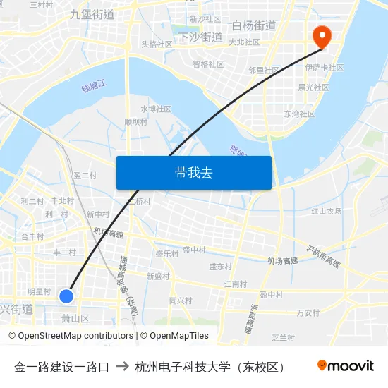金一路建设一路口 to 杭州电子科技大学（东校区） map