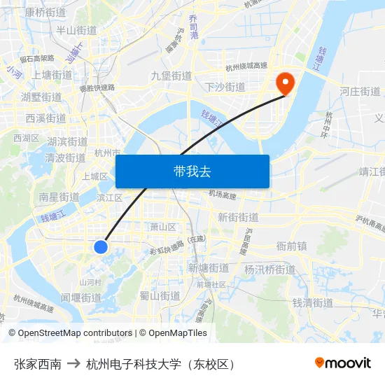 张家西南 to 杭州电子科技大学（东校区） map