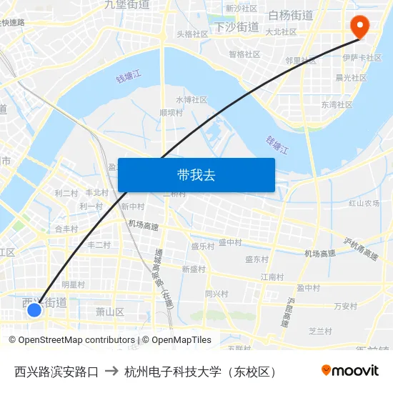 西兴路滨安路口 to 杭州电子科技大学（东校区） map