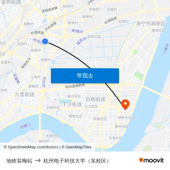 地铁翁梅站 to 杭州电子科技大学（东校区） map