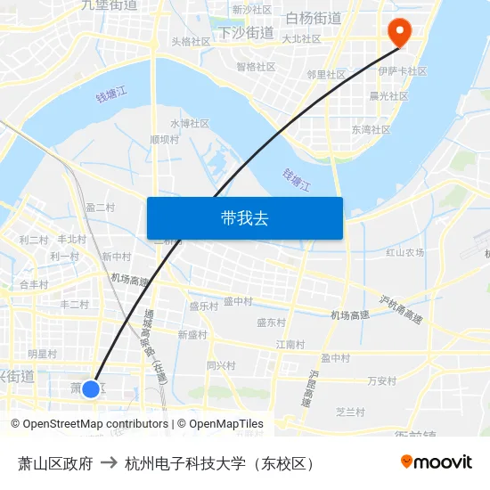 萧山区政府 to 杭州电子科技大学（东校区） map