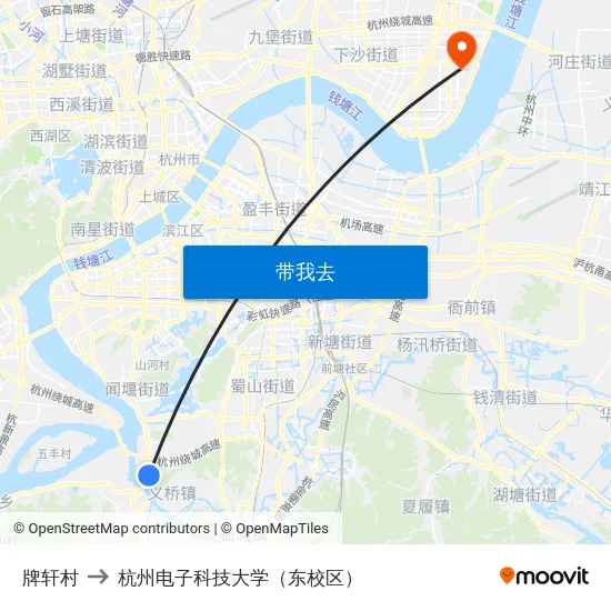 牌轩村 to 杭州电子科技大学（东校区） map