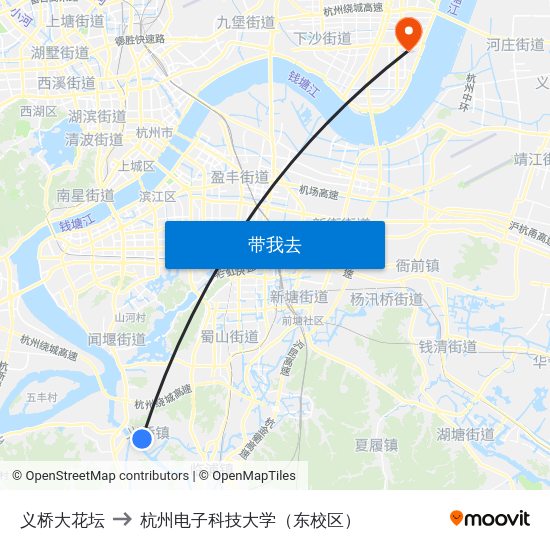 义桥大花坛 to 杭州电子科技大学（东校区） map