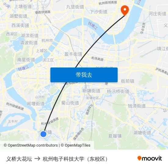 义桥大花坛 to 杭州电子科技大学（东校区） map