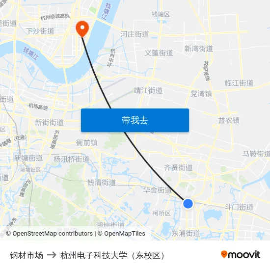 钢材市场 to 杭州电子科技大学（东校区） map