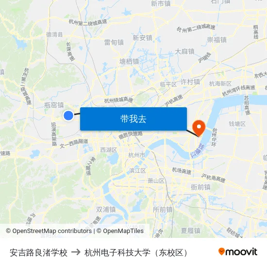 安吉路良渚学校 to 杭州电子科技大学（东校区） map