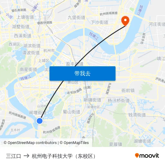 三江口 to 杭州电子科技大学（东校区） map