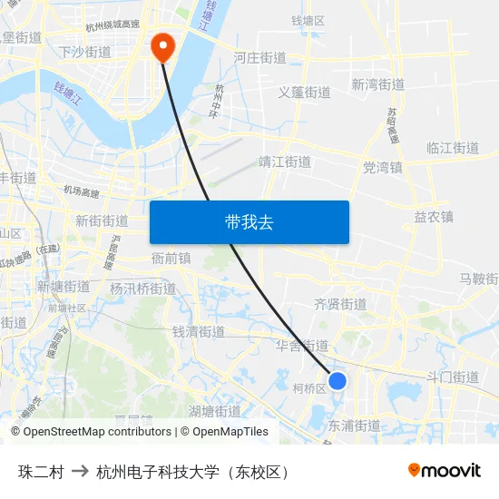 珠二村 to 杭州电子科技大学（东校区） map