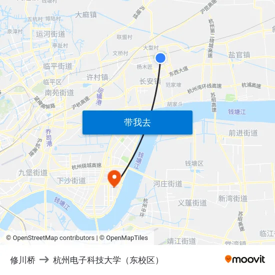 修川桥 to 杭州电子科技大学（东校区） map