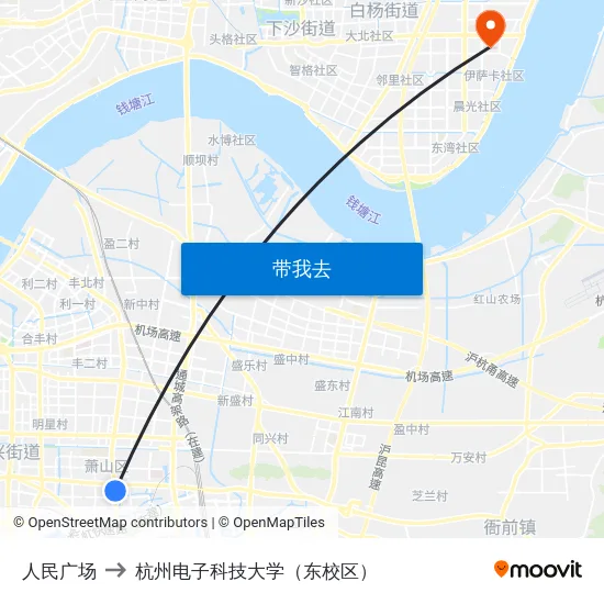 人民广场 to 杭州电子科技大学（东校区） map
