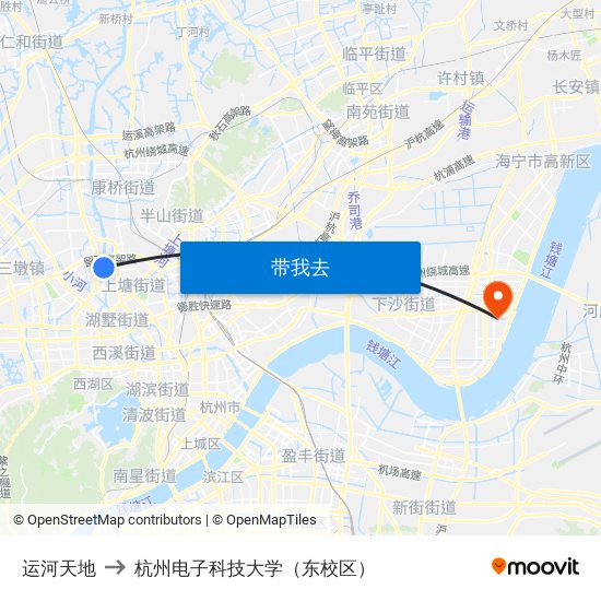 运河天地 to 杭州电子科技大学（东校区） map