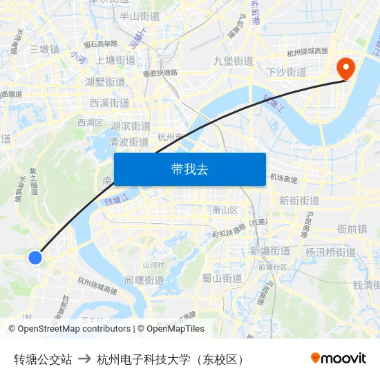 转塘公交站 to 杭州电子科技大学（东校区） map
