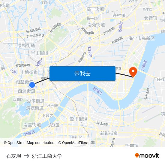 石灰坝 to 浙江工商大学 map