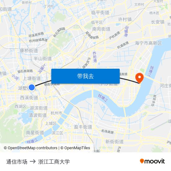 通信市场 to 浙江工商大学 map