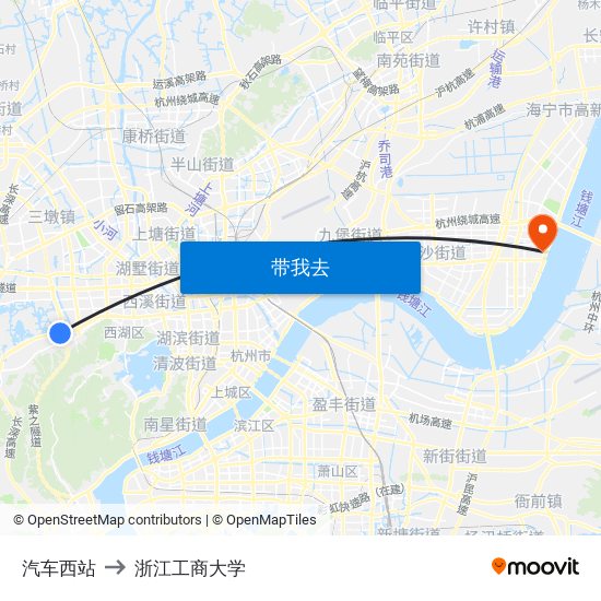 汽车西站 to 浙江工商大学 map